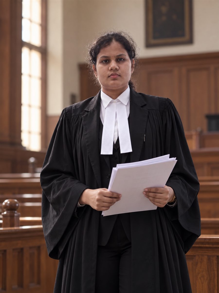 Advocate in courtroom attire