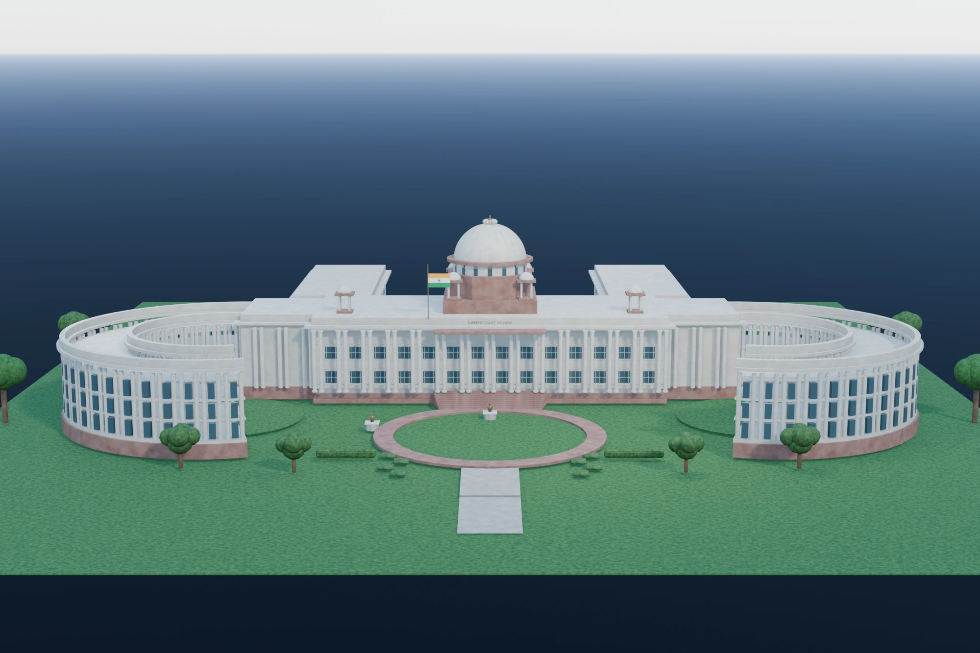 Cinematic architectural render of the Supreme Court of India